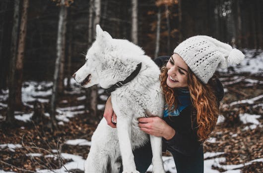 在积雪的森林里，一个女人微笑着拥抱一只白色的狗，散发着温暖和团结