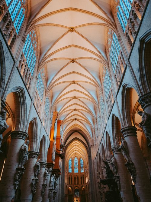 Free Majestic interior of the Gothic Brussels Cathedral with vaulted ceilings and statues. Stock Photo