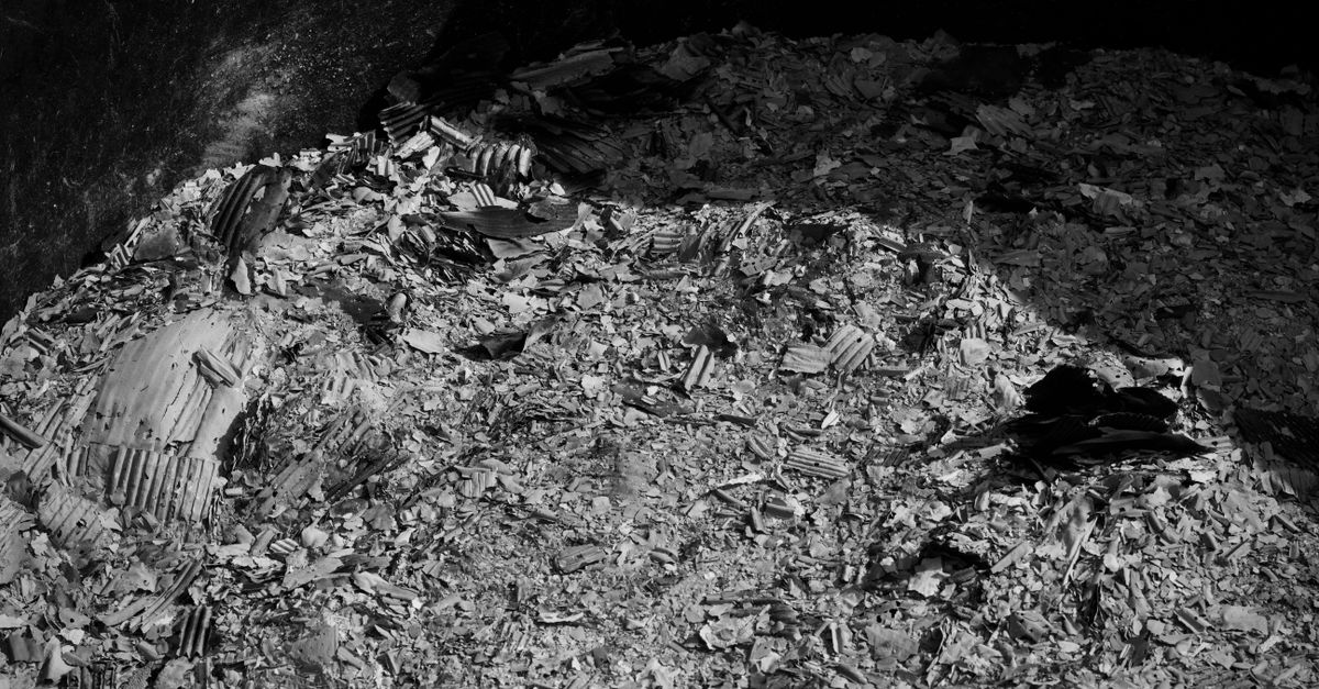 A black and white abstract photo showing paper and board debris with contrasting shadows.
