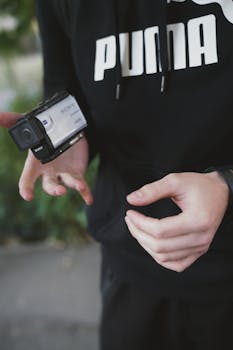 Close-up of hands holding a Sony action camera in a city environment.
