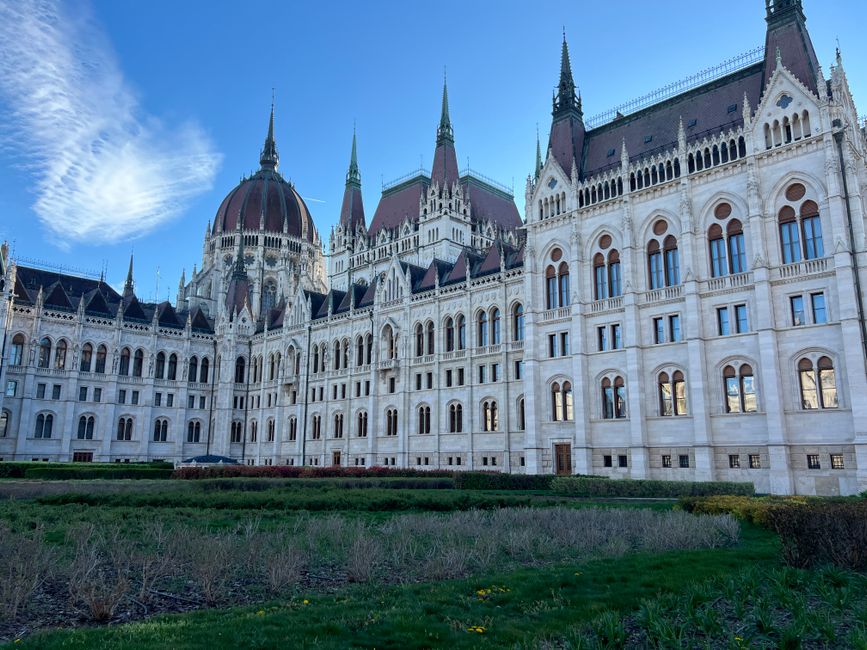 A magnificent view of Hungary's iconic Parliament Building under a clear blue sky.