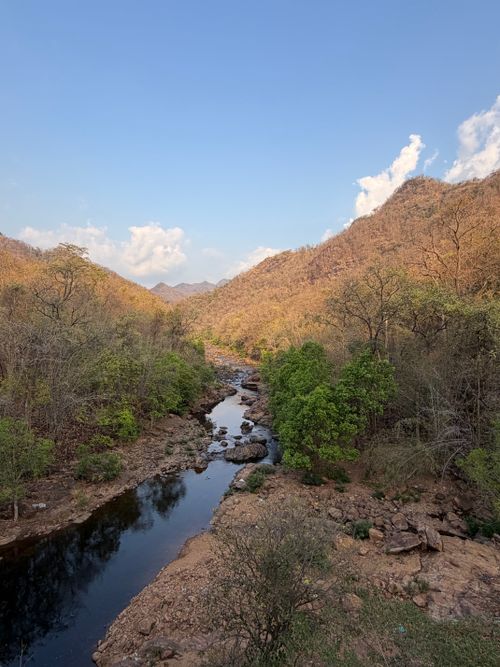 Free Peaceful river valley with lush greenery and mountains under a sunny sky. Stock Photo