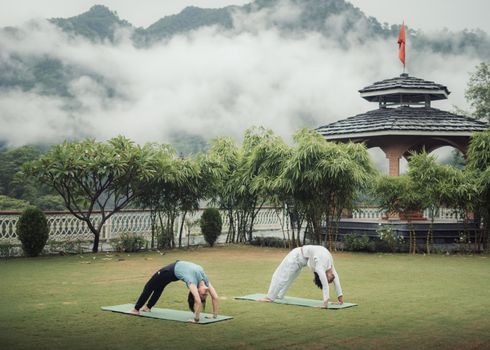 A serene outdoor yoga session with the Himalayas as a backdrop in Rishikesh, India.