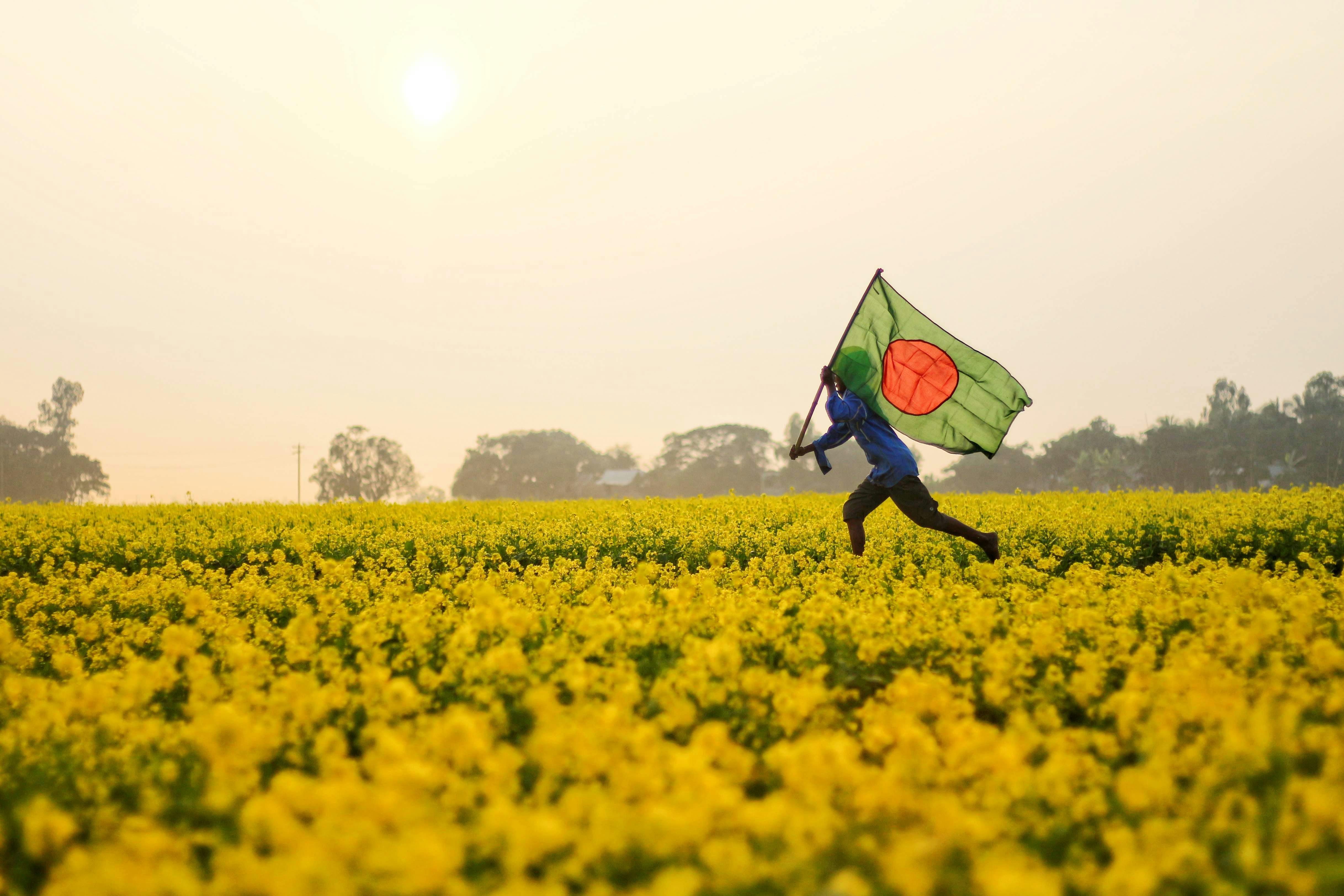 A person running with the Bangladesh flag through a yellow mustard field during daytime.