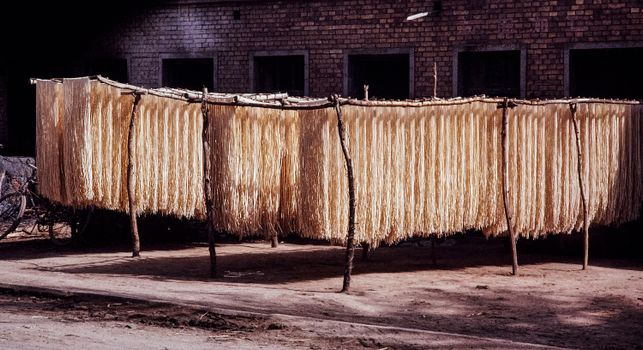 Rural scene of noodles drying outdoors on wooden racks, China.