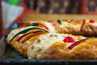 Close-up of a traditional Rosca de Reyes bread with candied fruit in Lerma, Mexico.