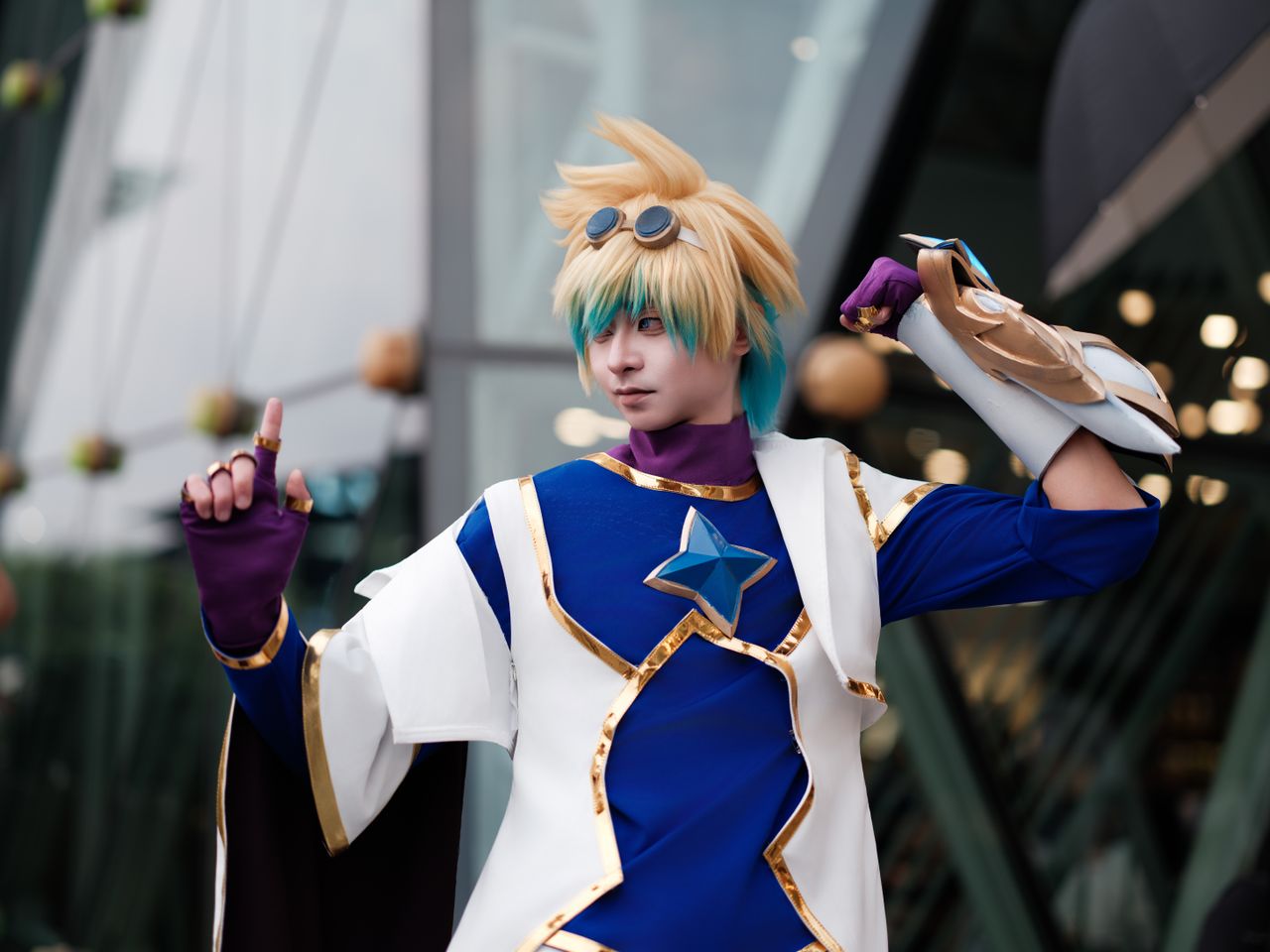 dynamic cosplay portrait of a sci fi character with colorful costume a