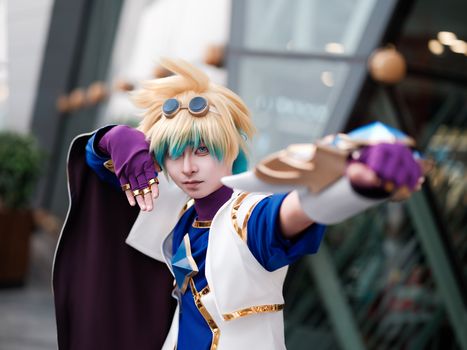 Captivating cosplay portrait featuring a character with distinctive goggles and vibrant attire.