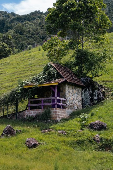 Fotomural Una cabaña rústica de piedra enclavada en las exuberantes colinas verdes de Santa Catarina, Brasil.