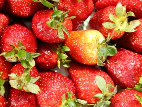 Free Vibrant close-up image showcasing a bunch of ripe strawberries with fresh green leaves. Stock Photo