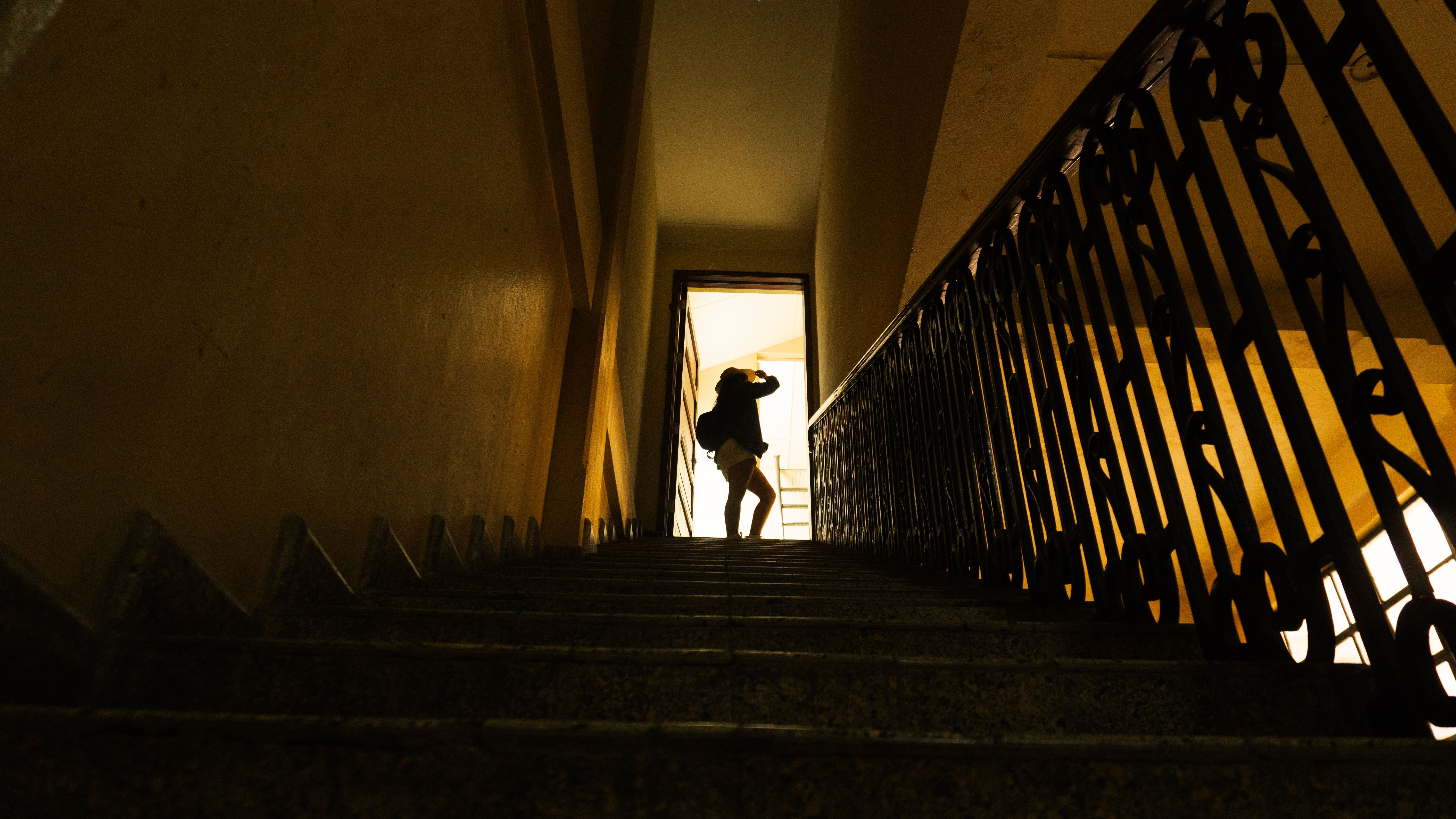Silhouette of a person standing in a dimly lit stairwell, facing the light.
