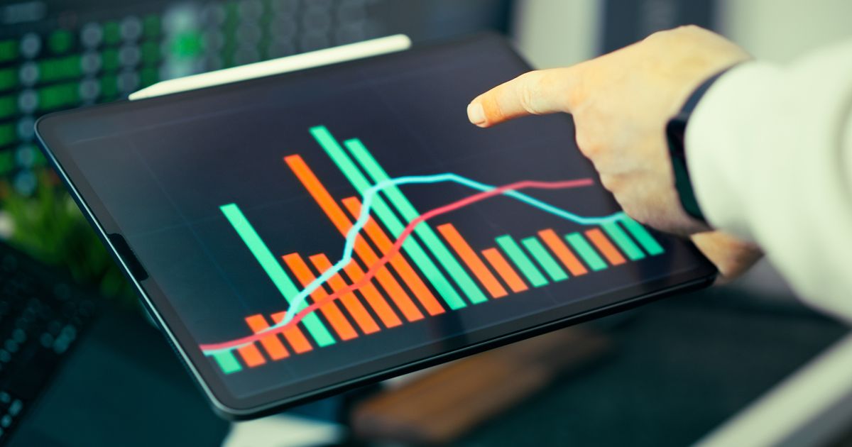 A person analyzing business data with colorful graphs on a tablet screen.