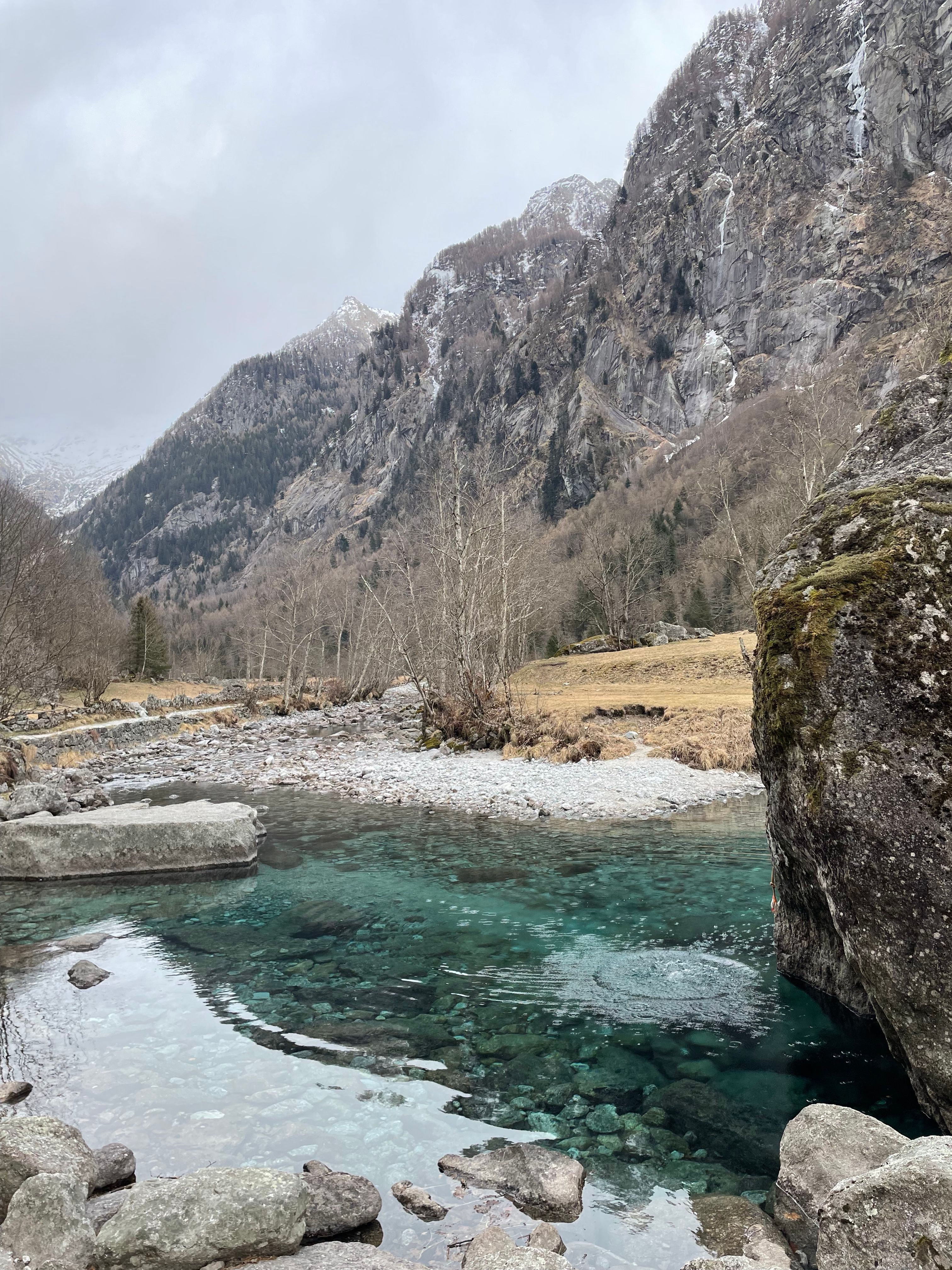 Beautiful clear stream flowing in Val Masino's alpine landscape, Italy.
