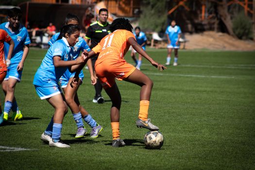 Action shot of a women's soccer match highlighting teamwork and competition.
