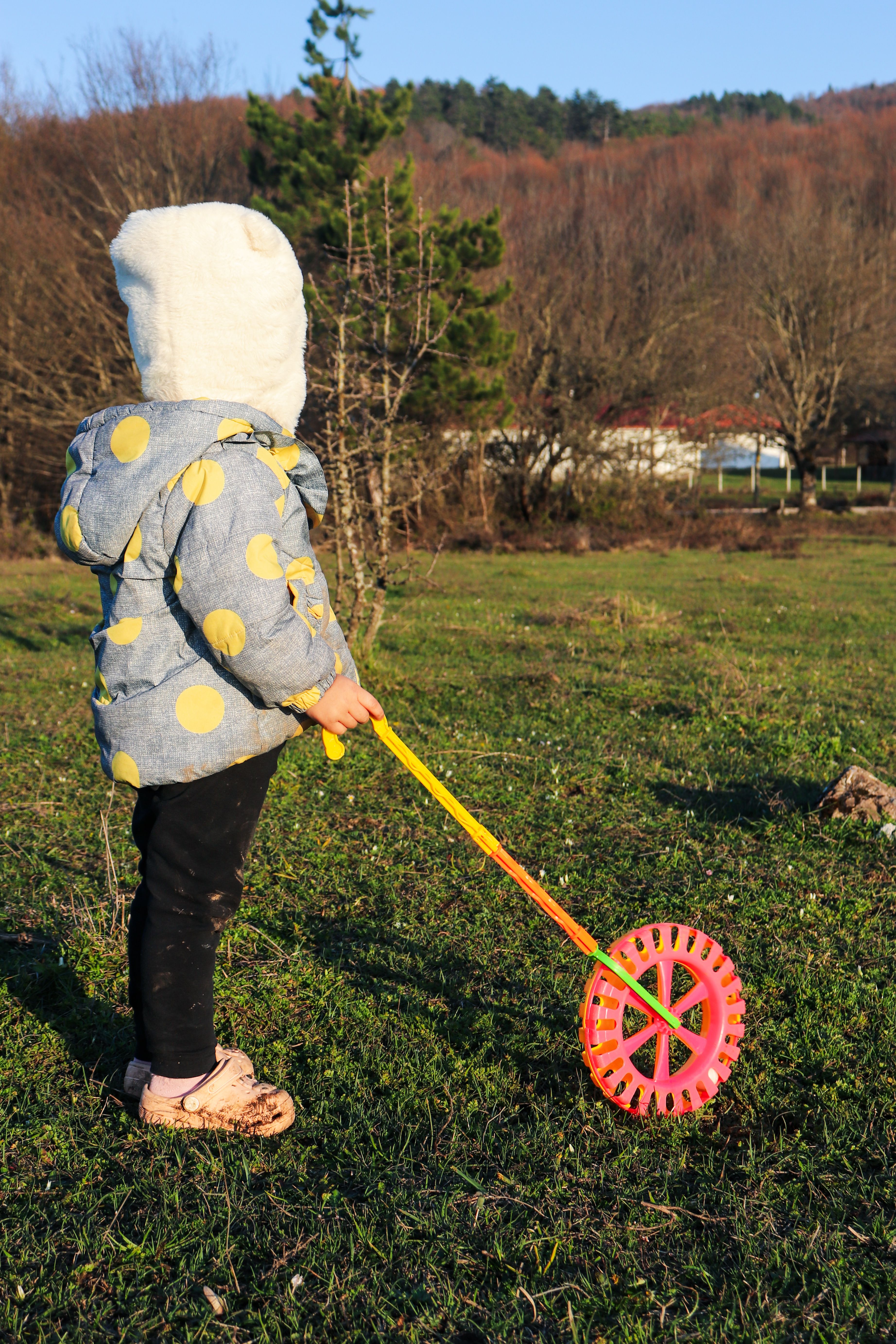 Child Playing Outdoors with Toy Wheel · Free Stock Photo