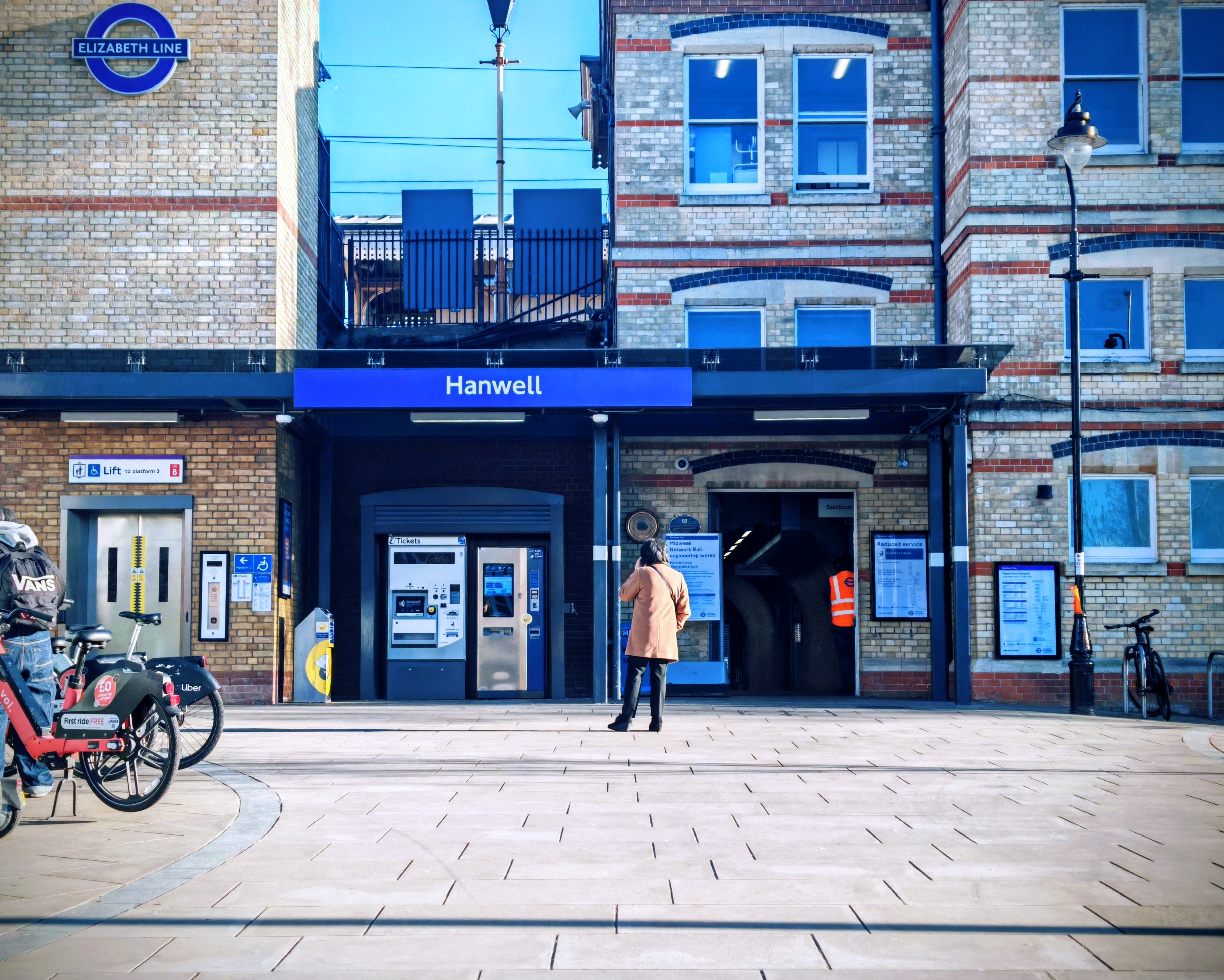 Exterior view of Hanwell Station on the Elizabeth Line in London, England.