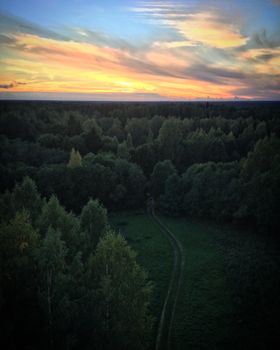 Breathtaking aerial view of a forest at sunset with vivid sky colors, creating a tranquil natural scene.