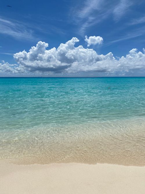 Free Relaxing Caribbean beach scene with turquoise water under a vibrant blue sky and fluffy clouds. Stock Photo