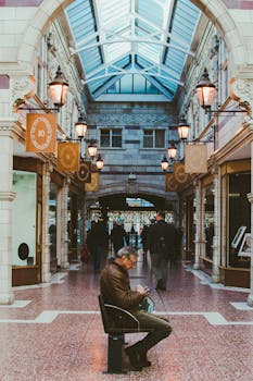 在一个拥有经典建筑元素的优雅室内拱廊里，一名坐着的男子正在使用智能手机