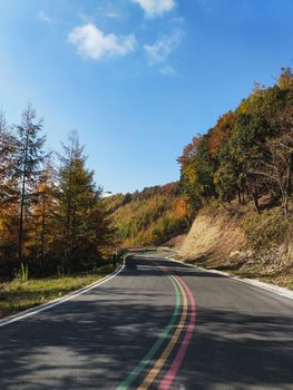 A winding mountain road surrounded by vibrant autumn foliage under a clear blue sky.