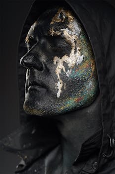 一张艺术肖像特写，描绘了一位成年人，在喜怒无常的背景下，脸上涂着黑色与金色