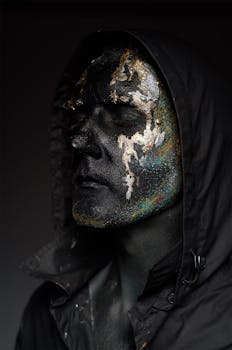 一名男子脸上涂着闪闪发光的颜料，身穿深色连帽衫，特写镜头展现出一种怪异的艺术风格