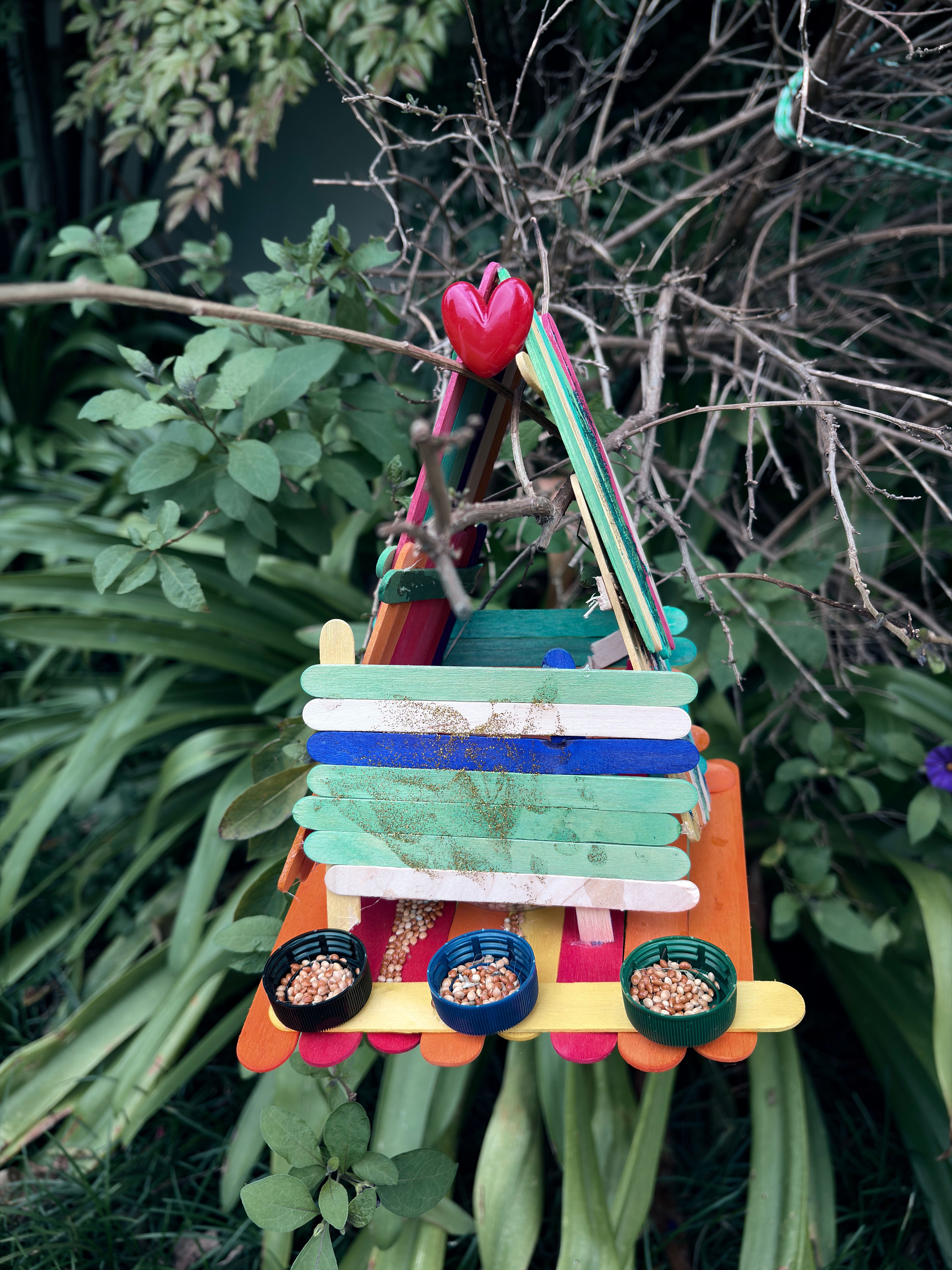 Vibrant handmade bird feeder with natural seeds in a green garden landscape.