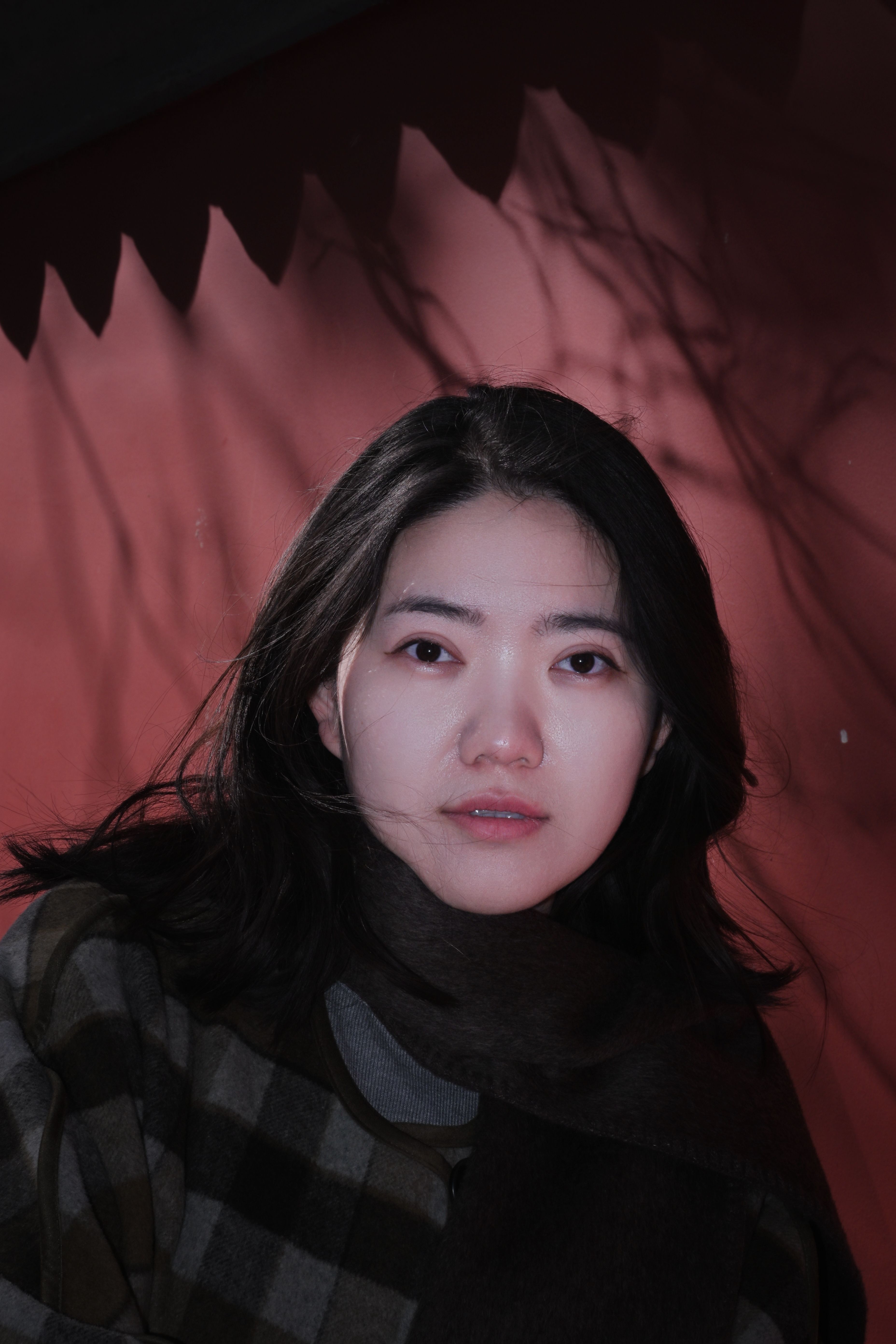 Artistic portrait of a young woman with dramatic shadows on a wall.