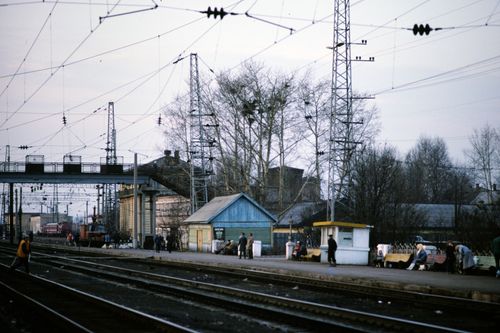Free Scenic view of a busy train station with overhead electrical lines. Stock Photo