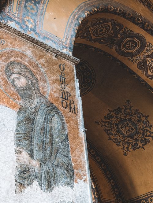 Free Close-up of a Byzantine mosaic in Hagia Sophia, showcasing intricate historic artistry. Stock Photo