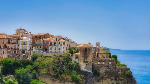Free Charming view of Pizzo, Calabria overlooking the Tyrrhenian Sea under a clear blue sky. Stock Photo