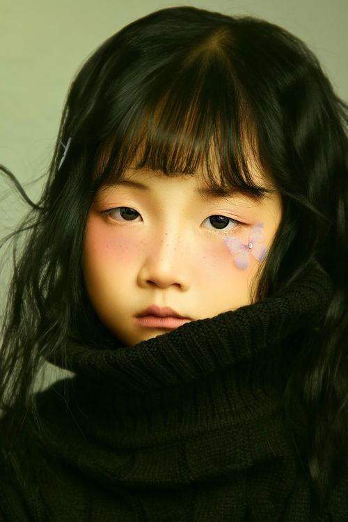 Free Close-up portrait of a child with artistic makeup and serene expression. Stock Photo