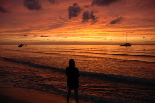 在日落時站在海邊的人的身影