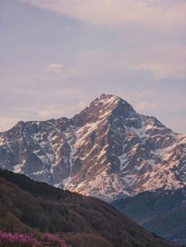 Breathtaking image of snow-capped Himalayan peaks in Dharamshala, India, during sunset.