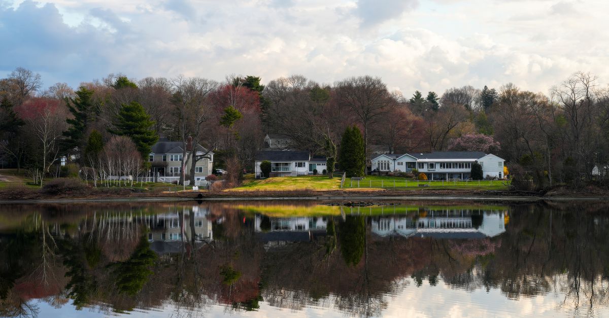 Charming lakeside homes reflect on a tranquil lake, surrounded by early spring foliage and a calm sky.