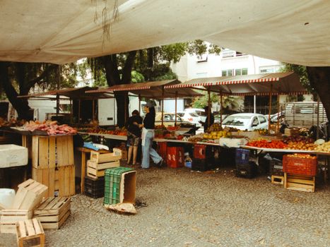 Bustling outdoor market in Rio de Janeiro featuring fresh produce under a canopy.