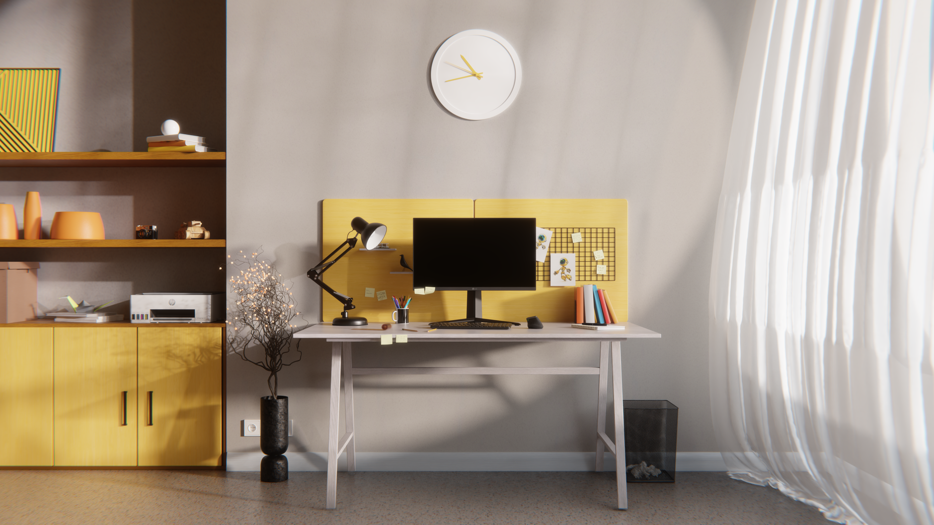 minimalist home office decor with amazon finds Stylish home office setup with desk, monitor, and decor in a bright room in Izmir, Turkey.