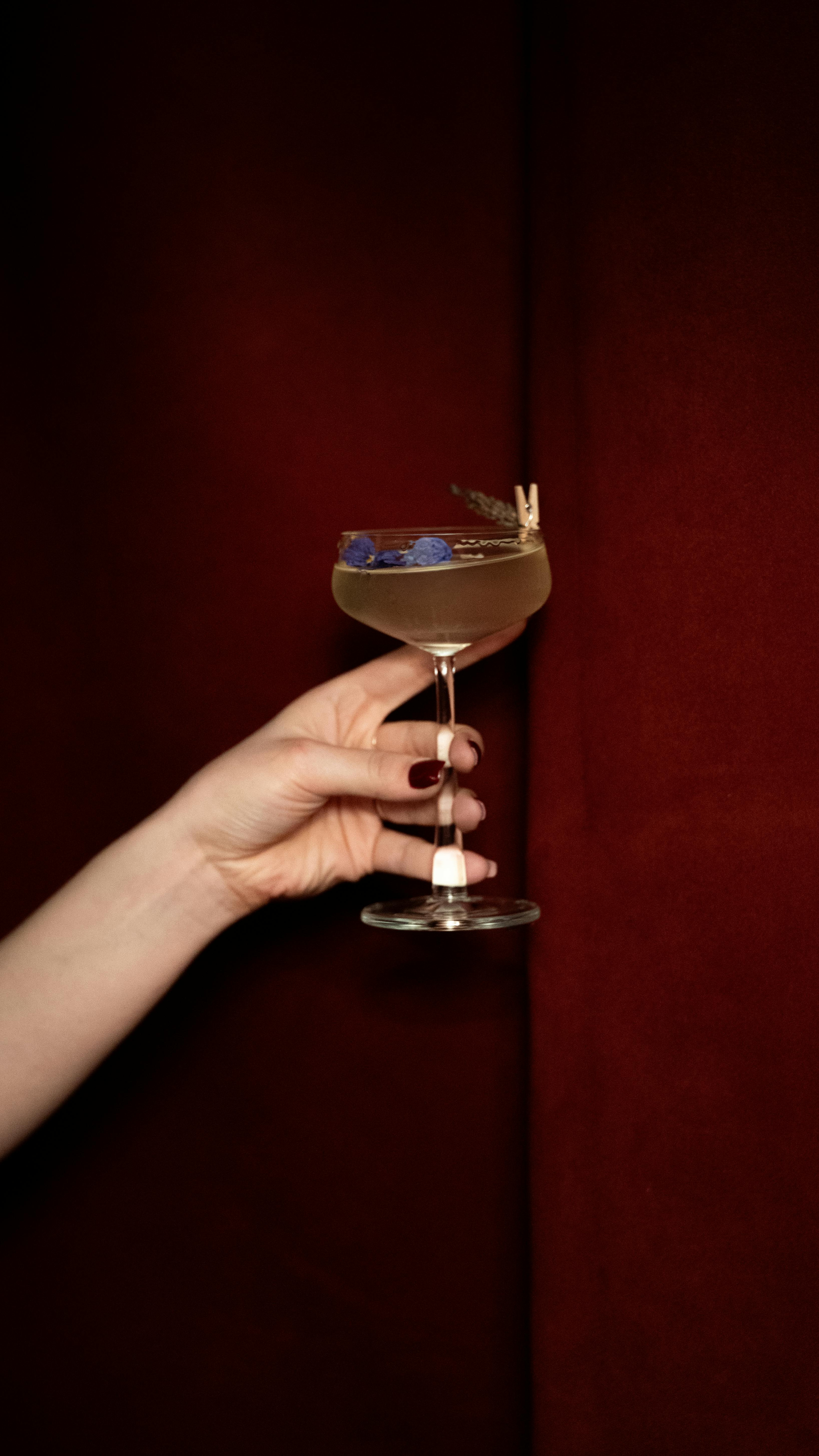 Elegant cocktail with garnish on dark background