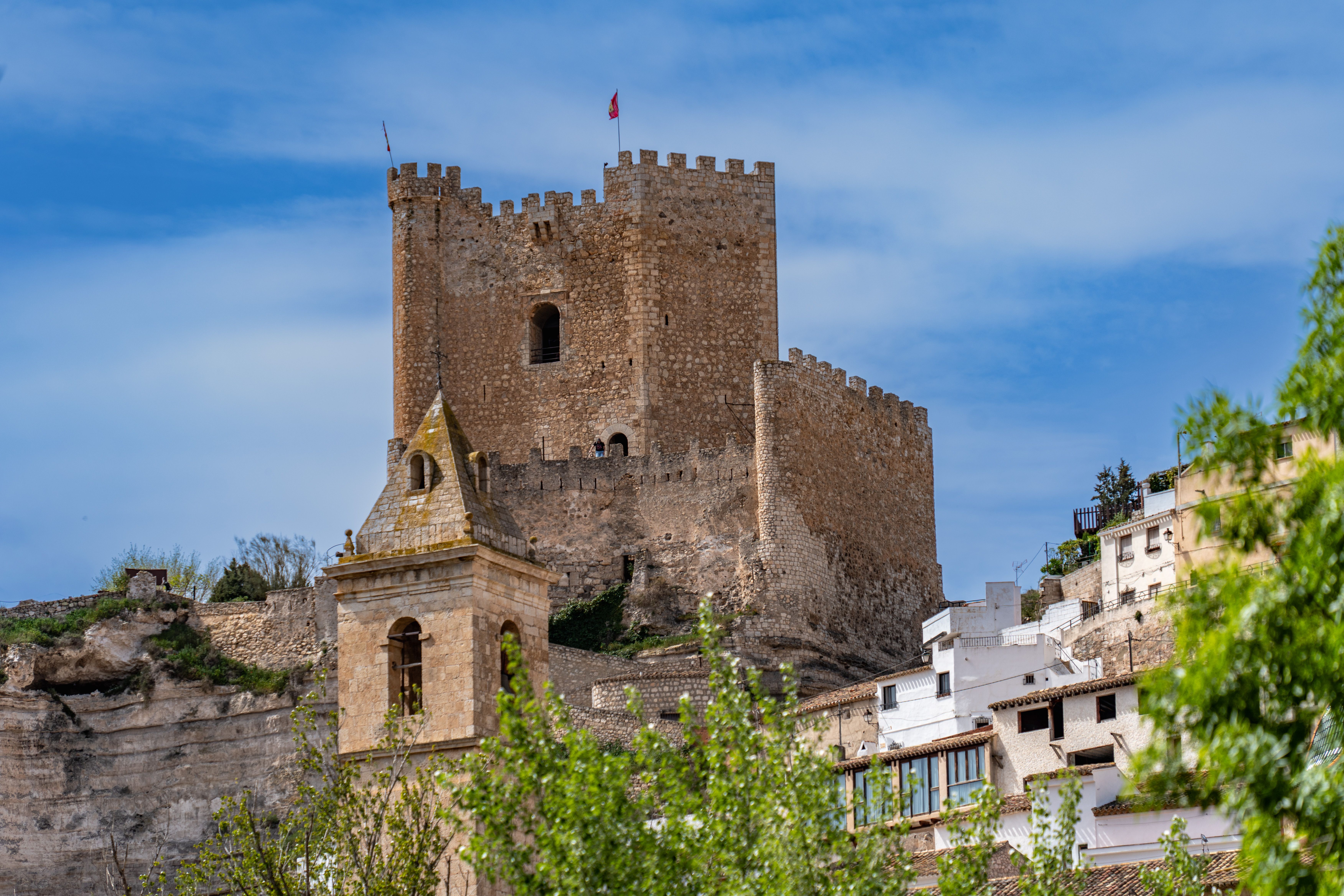 View of the historic castle and architecture in Alcalá del Júcar, Castilla-La Mancha, Spain.