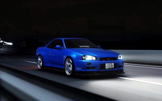 Dynamic night shot of a blue sports car driving at high speed in Pippu, Hokkaido.