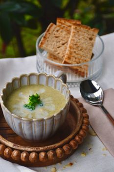 A cozy bowl of broccoli soup served with seasoned crackers, perfect for a warm meal.