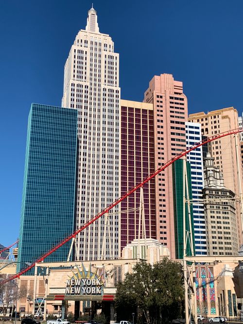 Free The vibrant facade of New York New York Hotel in Las Vegas under a clear blue sky. Stock Photo
