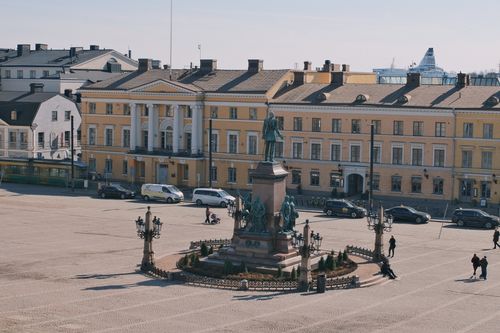 Free Aerial view of Senate Square in Helsinki featuring the Aleksander II monument. Stock Photo