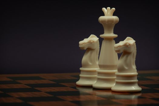 Elegant chess pieces on a board, featuring two knights and a king, symbolizing strategy and planning.
