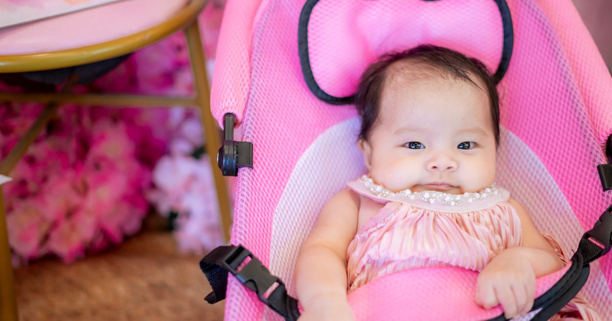 Smiling baby girl strapped into a pink mesh bouncer, pink flowers behind