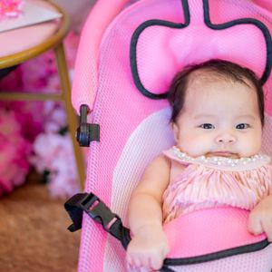 Smiling baby girl strapped into a pink mesh bouncer, pink flowers behind