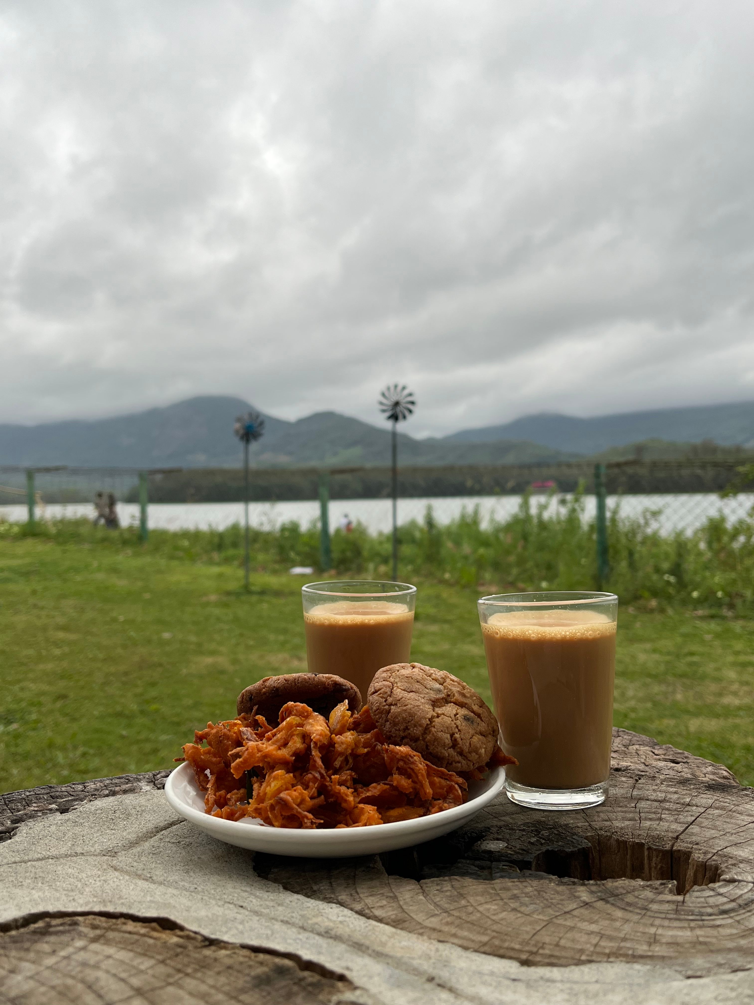 Enjoy a peaceful moment with chai and snacks by the lakeside, amidst lush green mountains.