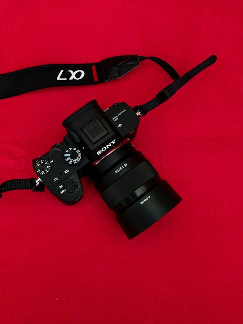 бесплатная Черная цифровая камера на красном фоне Стоковое фото