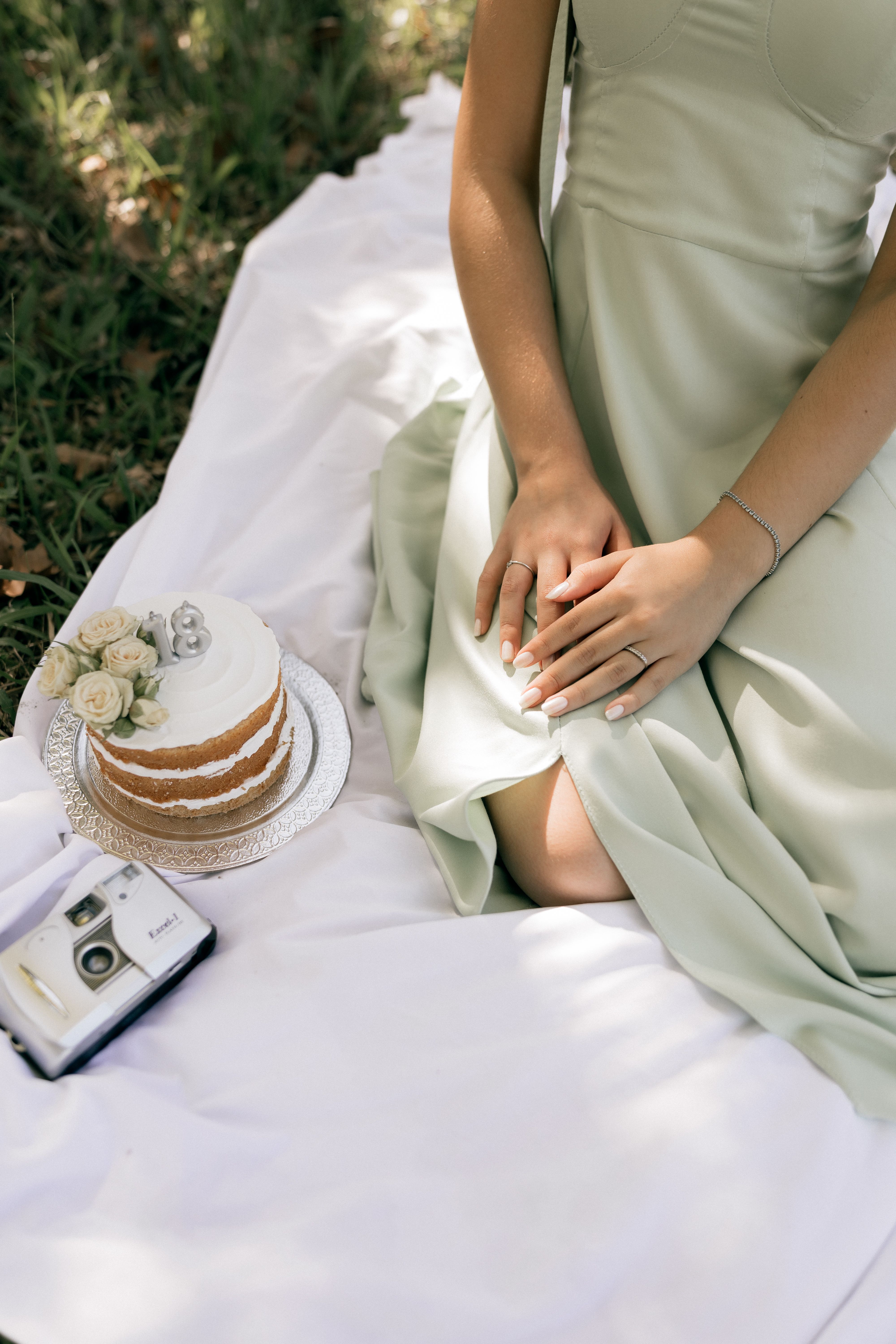 A serene outdoor picnic featuring a woman in a green dress, a decorative cake, and a vintage camera.
