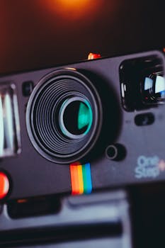 特写镜头下的复古宝丽来相机，呈现出彩色条纹与散景灯光效果